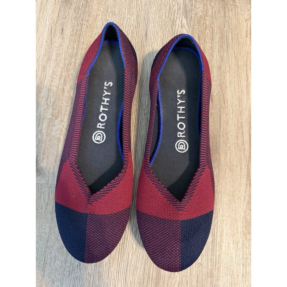 Rothy's Rare Color Retired Captoe Burgundy Navy Plaid Flats Size 9 Women's